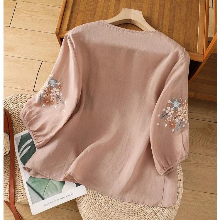 Tops d'été en coton et lin pour femmes, broderie florale, rétro, amples, col rond, t-shirt pour femmes