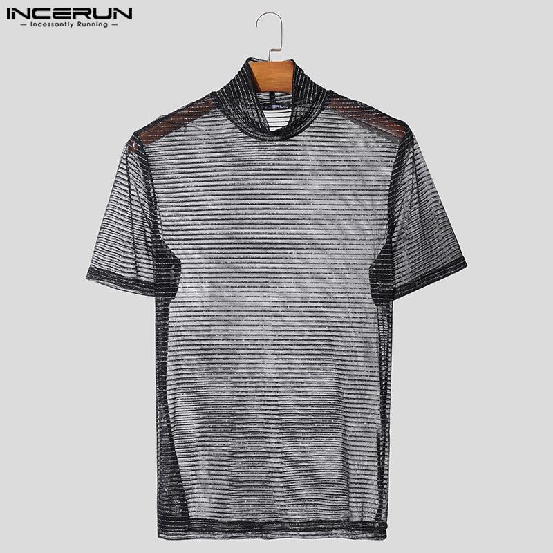 INCERUN Herren Rollkragen Langarm Glitzer Mesh Durchsichtiges T-Shirt See Through Tops
