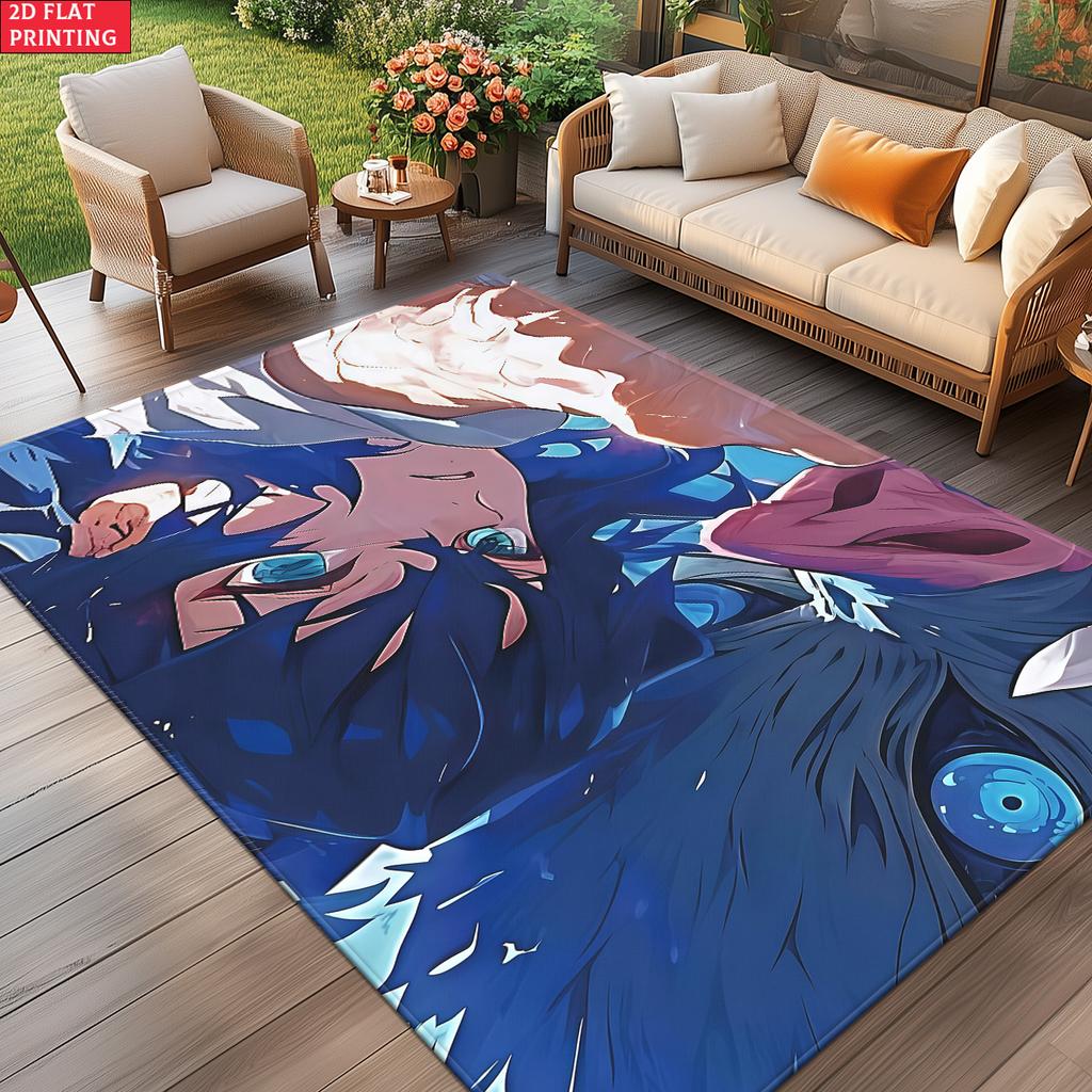 Anime Wolf Boy Area Rug, Blue Beast Theme Non-slip Floor Mat,Decorative Carpet for Gaming Room Bedroom, Washable Home Decor Gift