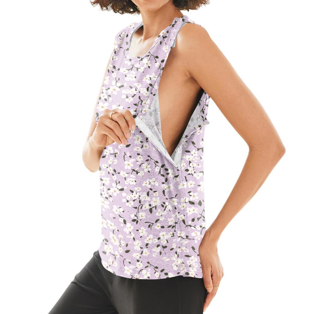 Women Shoulder Surgery Shirt Sleeveless Floral Print Top with Snap Buttons and Tear-Away Design Medical Recovery Apparel