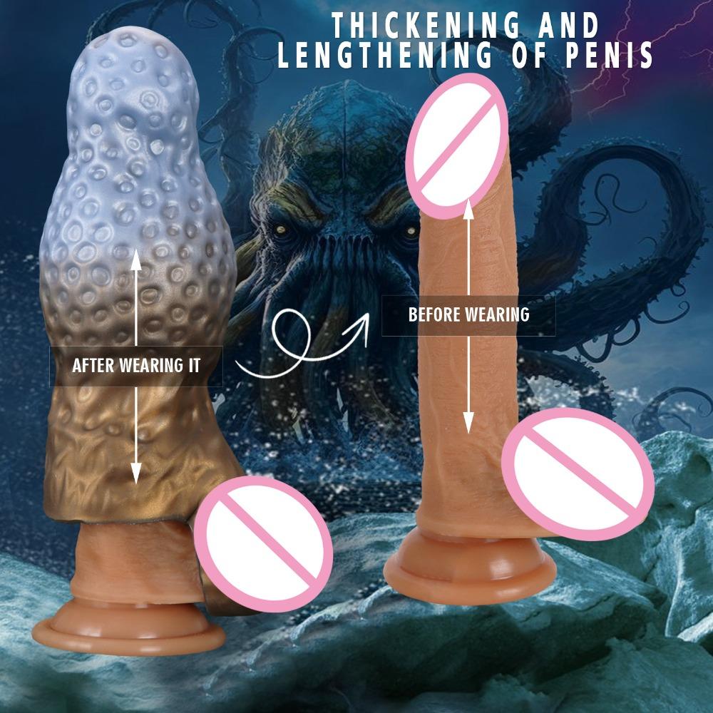 Liquid Silicone Penis Sleeve Thicker Longer Hollow Realistic Dildo Sleeve with Built-in Particles Massage Male Adult Sex Toy