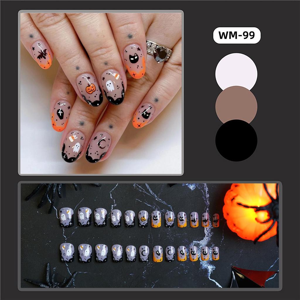 WM-99 Halloween Ghost & Pumpkin False Nail Tips - Star & Moon Design