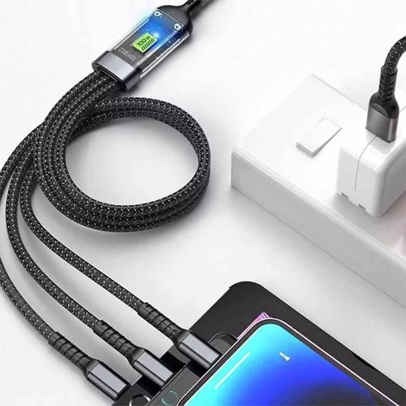 Transparent Fast Charging 3-in-1 Braided Cable With Led Indicator For Huawei Apple Android 100w