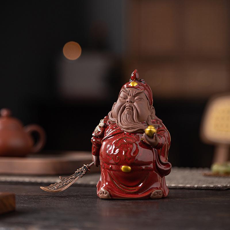 Guan Gong Martial Saint Statue: Ceramic Guan Yu Ornament for Tea Room, Living Room, or Study Decor.