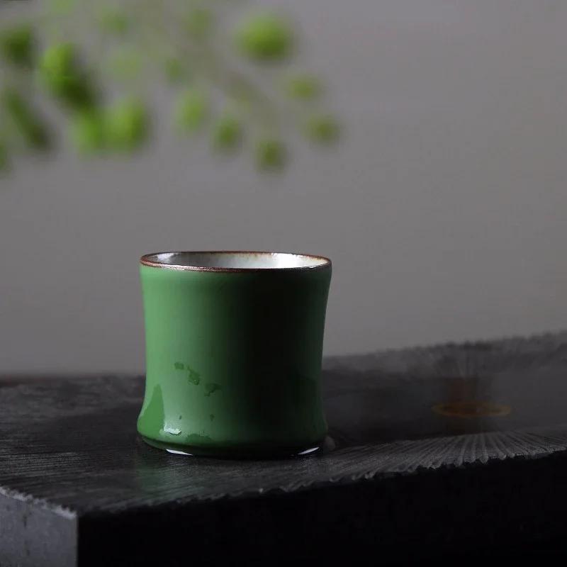 80ml Čínský keramický šálek na čaj s bambusovým stojánkem Zelená glazura Kung Fu Gongfu čajová souprava pro čajový obřad Zen meditaci Domácí použití Dárek