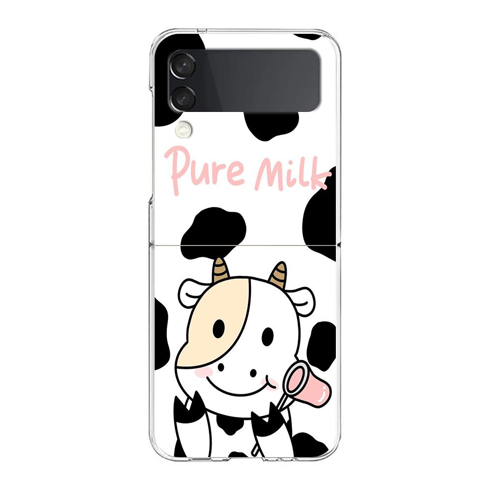 Transparent Phone Case For Samsung Galaxy Z Flip 3 4 5 6 7 Hard Folding PC Z Flip3 Flip4 Cover Dairy Cattle Cow Speckle Cute