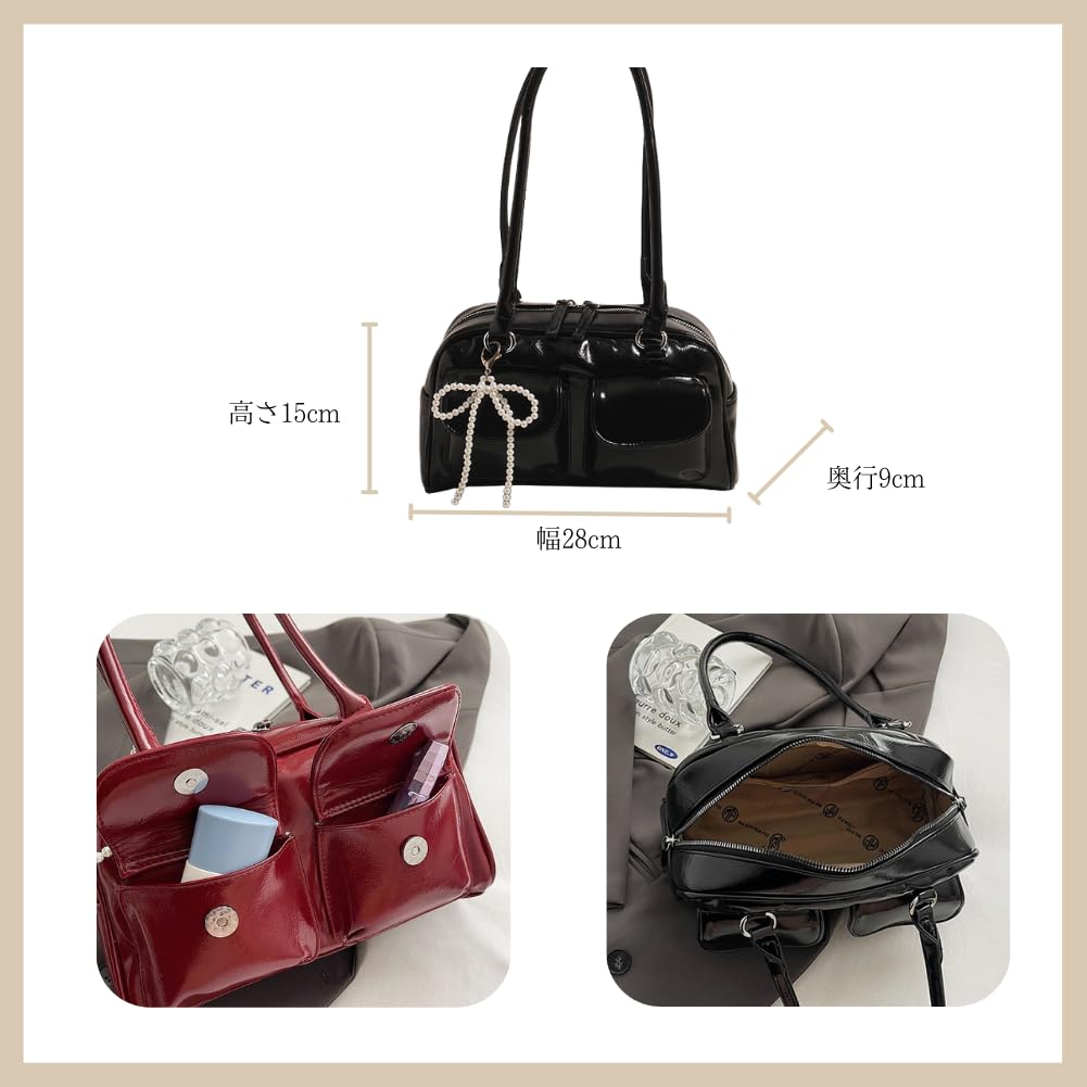 AQUA Marine Women's Enamel Shoulder Bag, 2-Way Handbag with Pearl Ribbon, Elegant, Small, Glossy, Korean-Style, Cute, Instagram-worthy Outfit (Red)