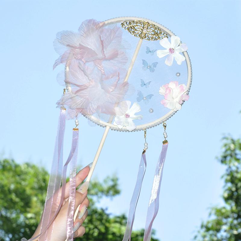 Taneční vějíř - Ručně vyšívaný vějíř s třásněmi pro Hanfu a dětský tanec