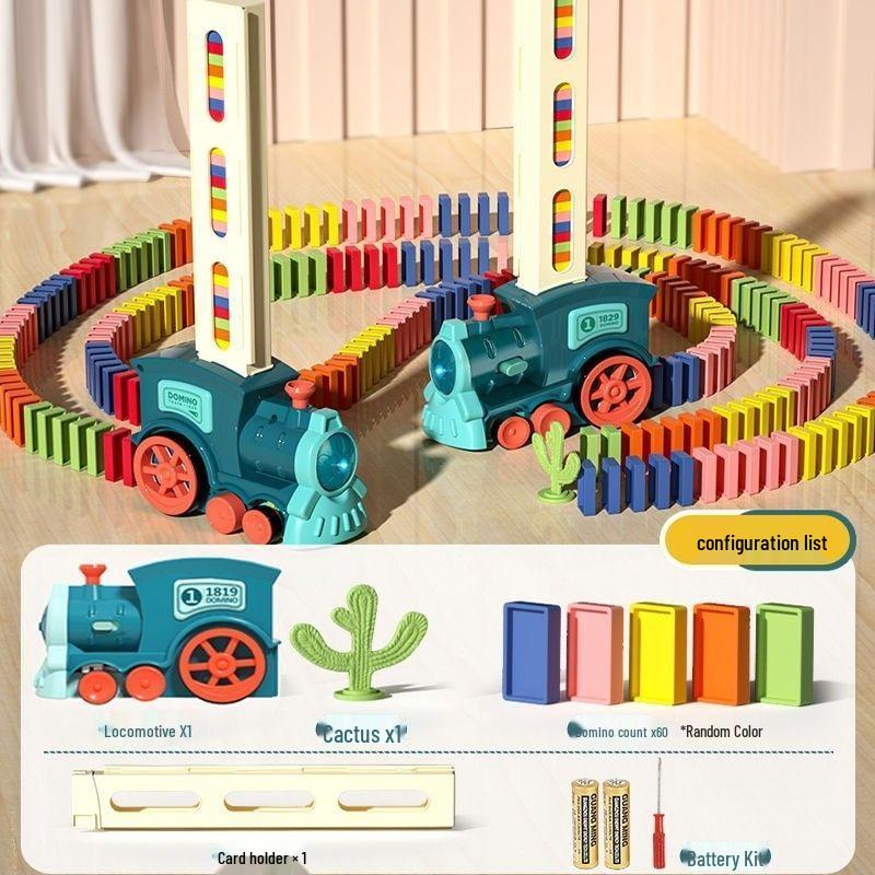Domino Train: Automatic Block Dispenser Educational Toy for Kids Ages 3-6 Blue Green Train with Battery, Screwdriver, Cactus синий