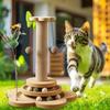 Solid Wood Cat Scratching Post Activity Center Natural Sisal Wrap Multi-Layer Turntable Platform With Rolling Catnip Balls Hanging Pom-poms & Spring