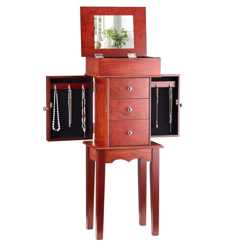 Jewelry Cabinet Armoire, Standing Wood Jewelry Storage Chest with 3 Drawers, Flip Top Mirror, 4 Top Storage Compartments, Zinc Alloy Handles, 2 Side