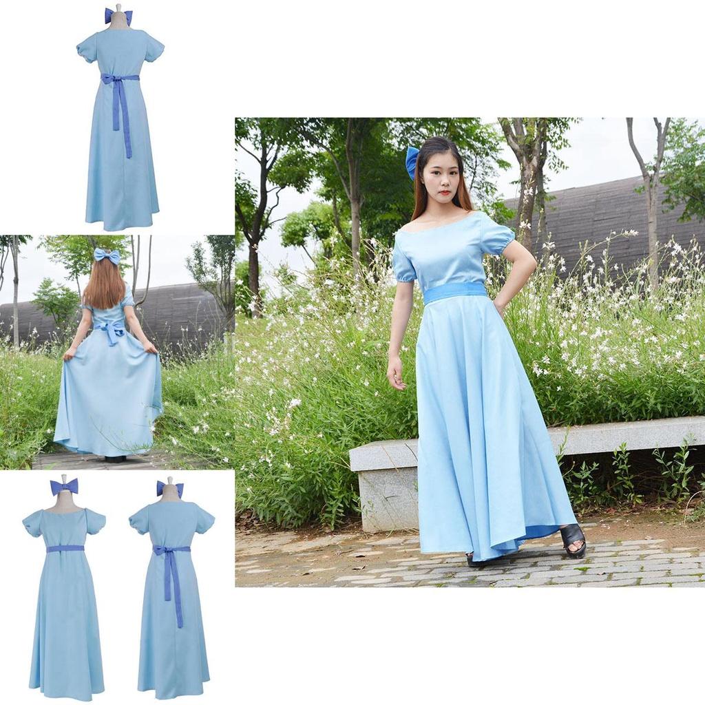 Enchanting Fairytale Peter Pan Wendy Darling Blue Dress With Bow And Headwear