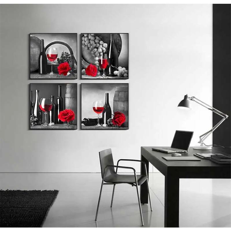 Kitchen Wall Art Decor Pictures Red Wine Glass Rose Painting On Canvas Poster and Prints Home Decoration Dining Room Restaurant