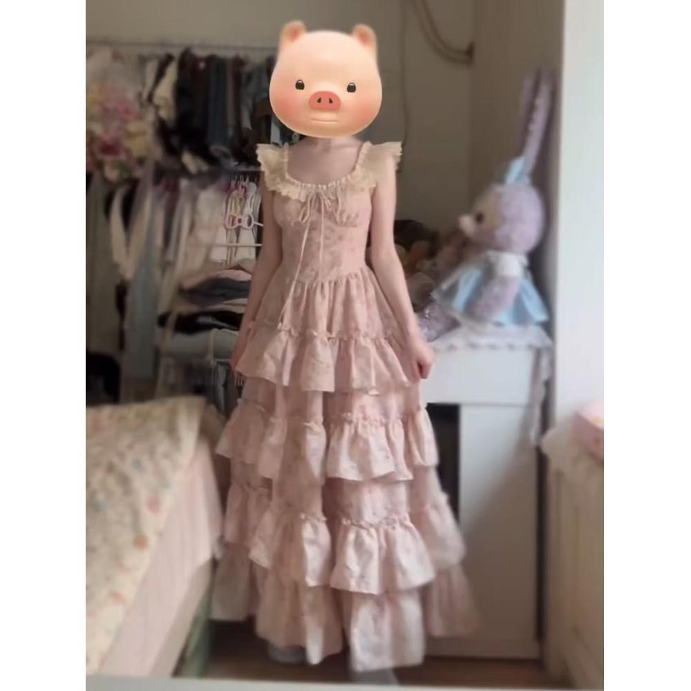 College blue floral puffy dress women's summer dopamine sweet embroidery suspender cake dress waist dress