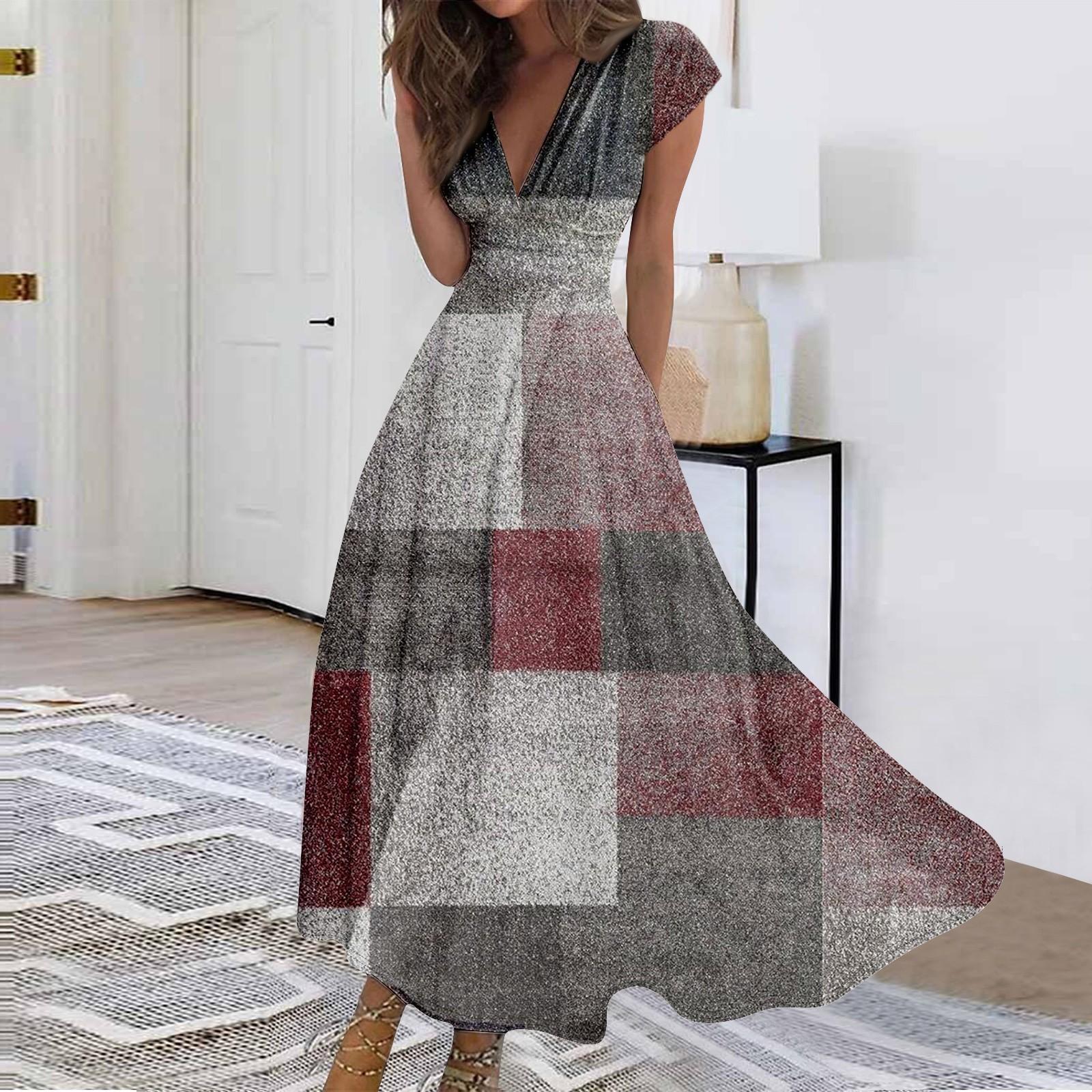 

Женское длинное платье Платье макси Повседневное платье Шифоновые платья Свободное платье Повседневное платье для взрослых на открытом воздухе Повседневное платье с рюшами и коротким рукавом с v-образным вырезом XXL винный