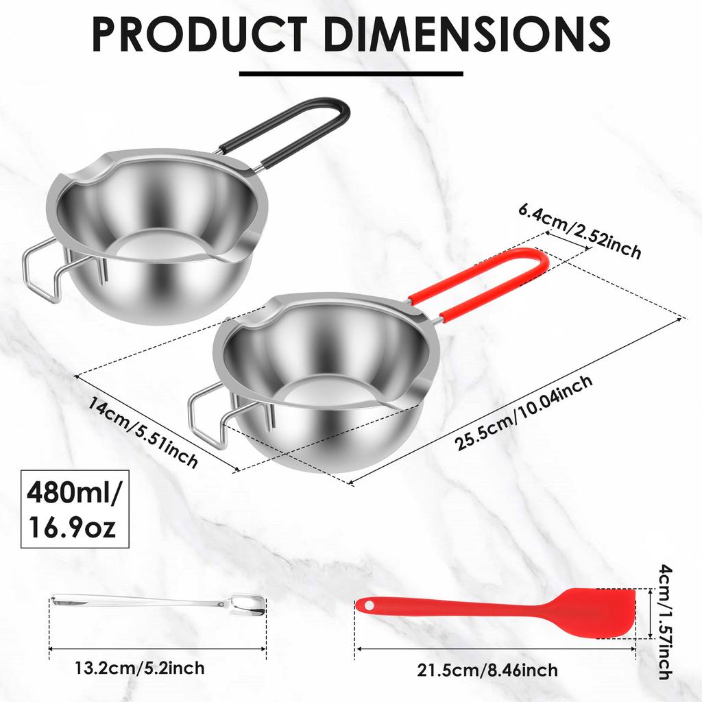 2Pcs Double Boiler Pot Set 480ml Chocolate Melting Pot Stainless Steel Cheese Butter Melting Pots with Silicone Spatula for Home