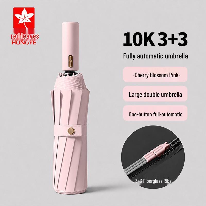 Red Leaf Automatic Folding Sun/Rain Umbrella - Reinforced Windproof Ribs, Black Glue Sun Protection, Double Large Coverage.