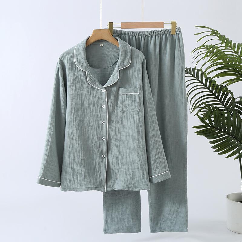 Spring and Autumn New Women's Pajama Set 100% Cotton Solid Color Lapel Long Sleeved Pants Home Furnishing Two Piece Set