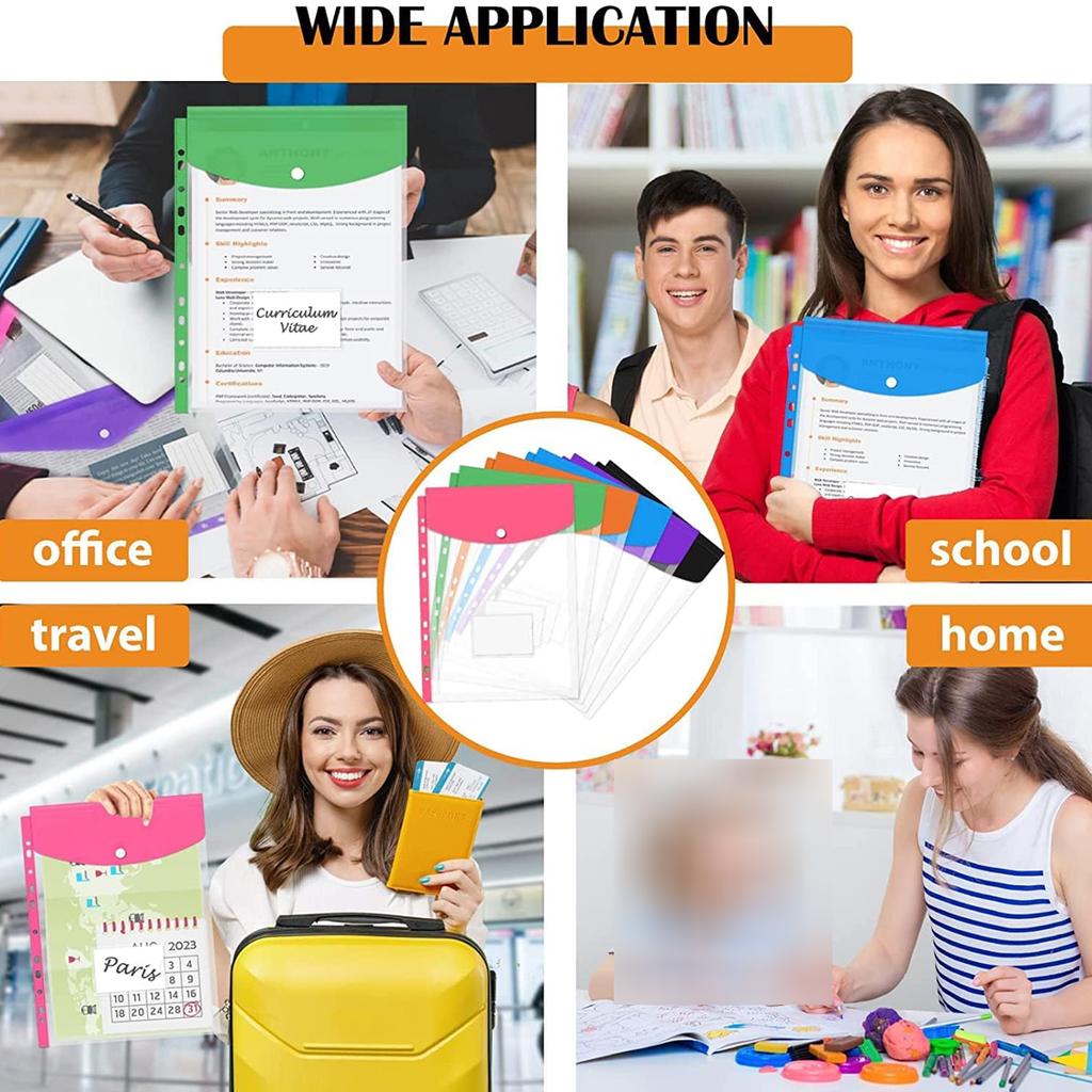 6PCS A4 file bag, contract bag, 11 hole insertable loose leaf bag, test paper bag, transparent three-dimensional buckle bag