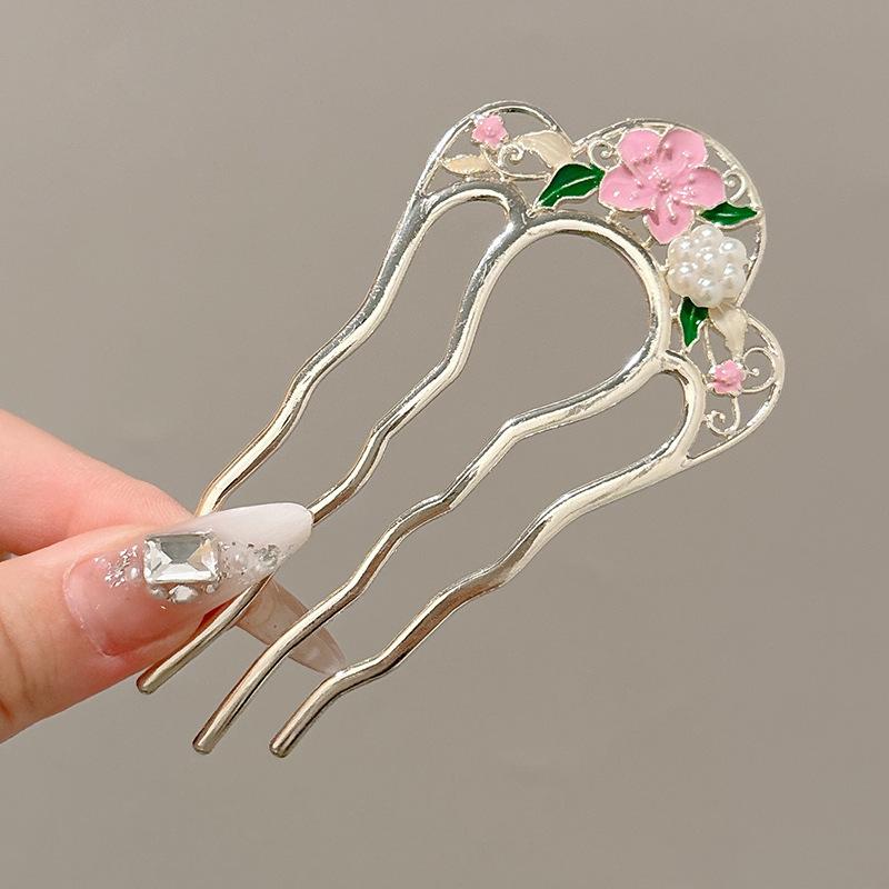 New Hairpin Female Disc Hair Artifact U-shaped Fixed Four Toothed Insert Comb Hairpin Ancient Style Flower Headpiece