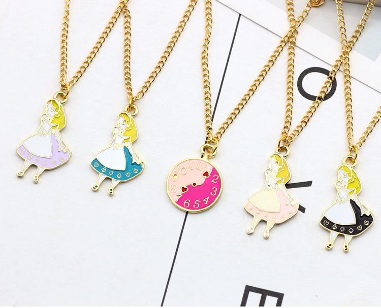 Cute Alloy Cartoon Alice Necklace Creative Colorful Clock Pendant Gifts for Female