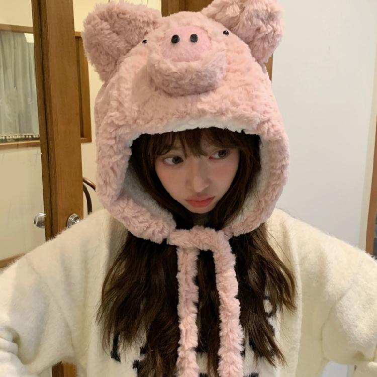 Winter Warm Plush Pig Ear Earflap Hat for Women Girl Furry Beanies Hat Outdoor Activity Cold Weather Skull Hat Headwear