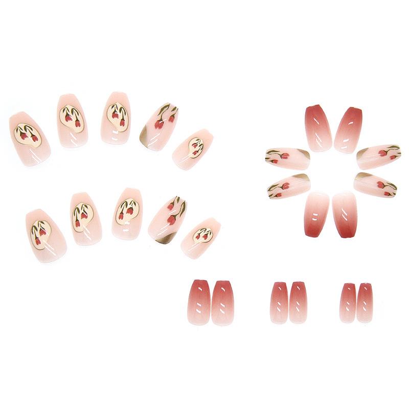 Artificial Nails Wearable Manicure, Ballet Manicure, Gradient Tulip Flower Manicure, Removable French Manicure