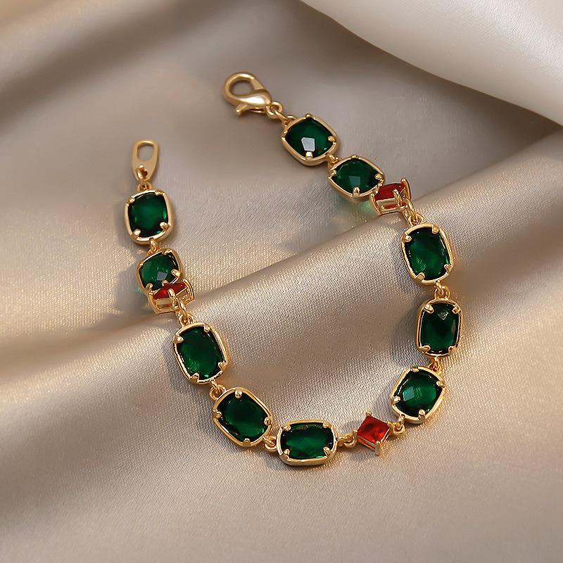 Real Gold Electroplated Diamond Emerald Bracelet Korean Retro Fashion Design Bracelet Temperament Trendy Simple Jewelry