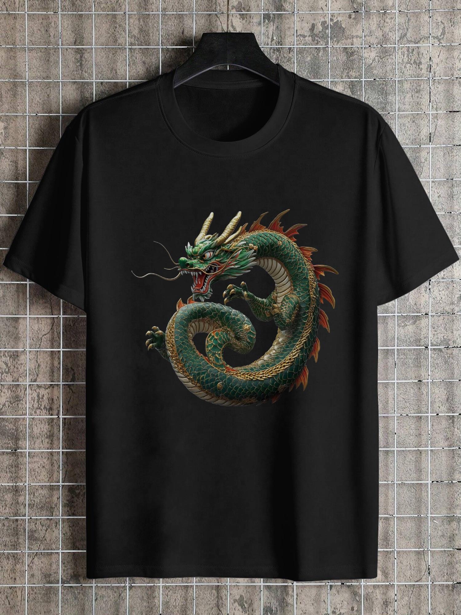 Fierce Dragon Graphic Black T-shirt - 180g Cotton Crew Neck Short Sleeve XXXL