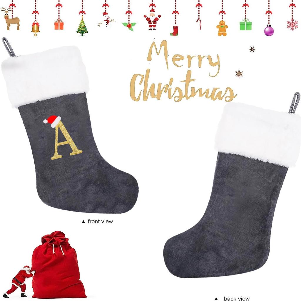 Holiday Christmas Stocking with Faux Fur Cuff Embroidered Letter A Design Classic Hanging Decoration for Fireplace Mantel or Wall Display