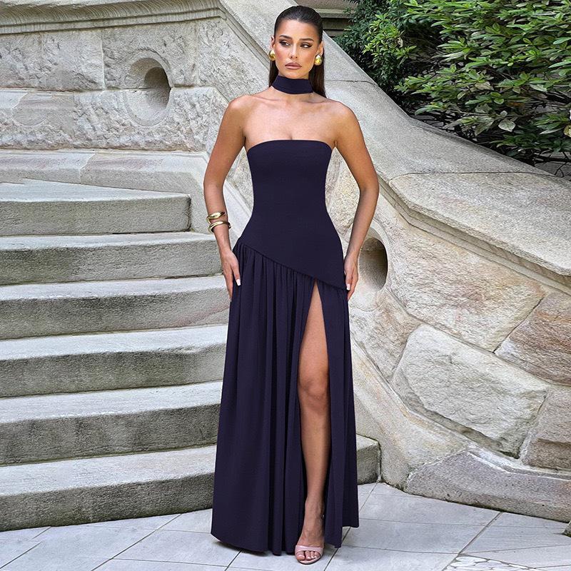 2025 European & American Diagonal Spliced Strapless Evening Gown - Sexy Ruched Long Dress for Women