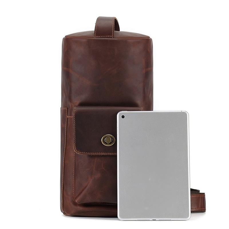 Breast bag Crazy horse leather retro messenger bag niche fashion trend cylinder bag genuine leather messenger shoulder bag breast bag men's bag