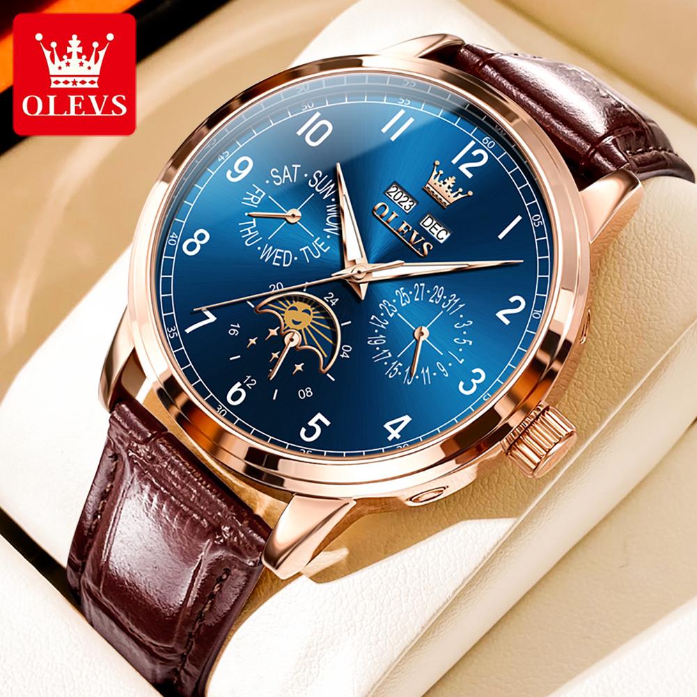 OLEVS 6698 Mens Watch Luxury Dress Brand Moon Phase Automatic Mechanical Watch For Men Leather Waterproof Dual Calendar Watch