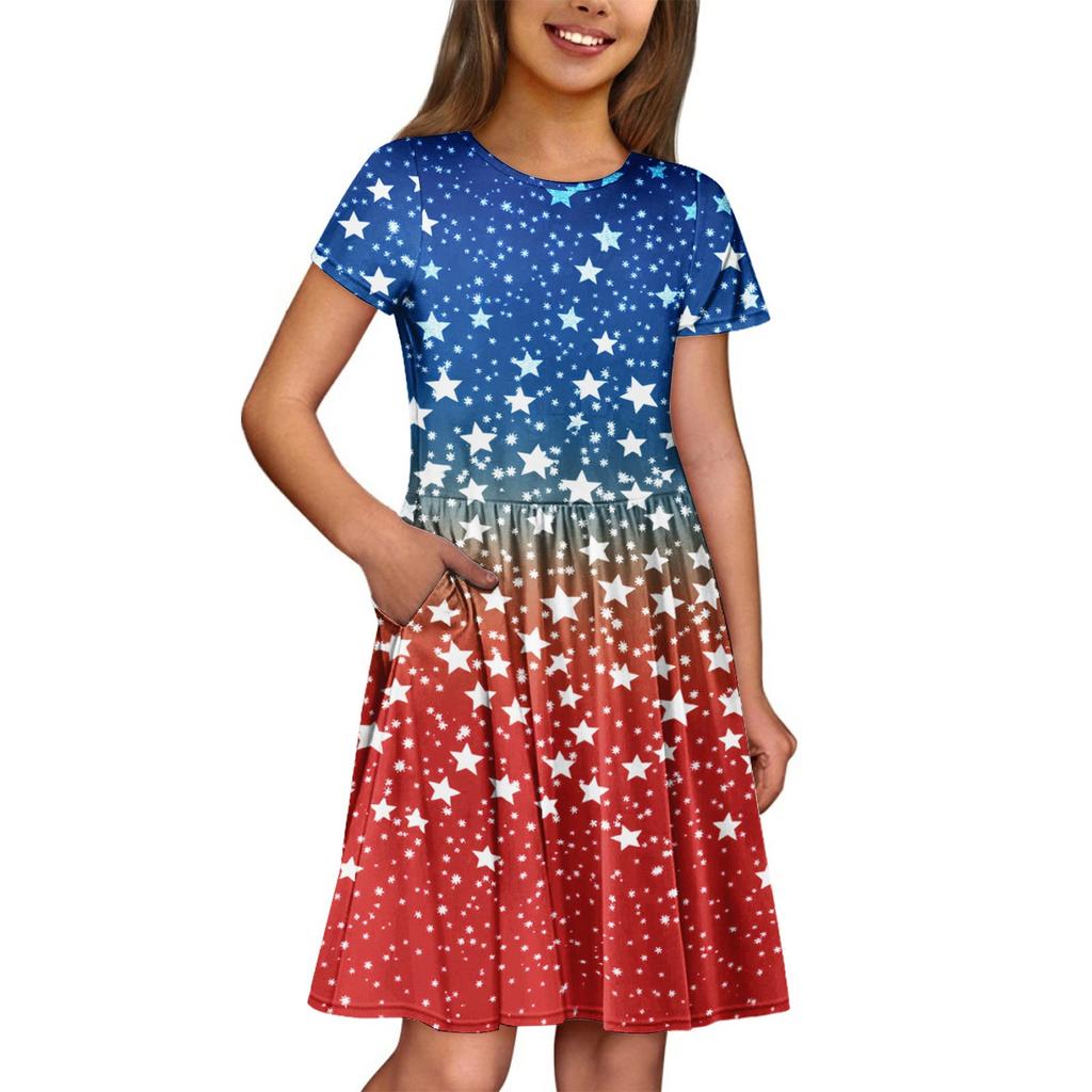 Dziewczęca Letnia Sukienka Jednolity Kolor i Nadruk Bez Rękawów Sukienka z Kieszenią Sukienka Codzienna Krótki Rękaw Sukienka na Imprezę