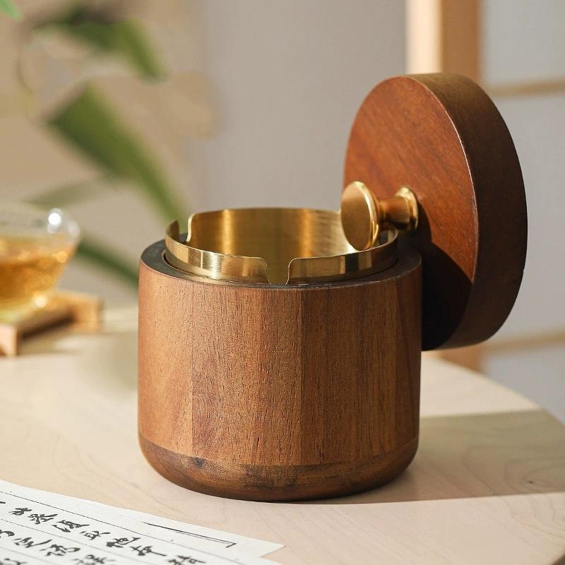 Solid Wood with Lid Ashtray for Home Living Room, Stainless Steel Inner Container, Luxurious and Retro Style Ashtray, Dust-proof