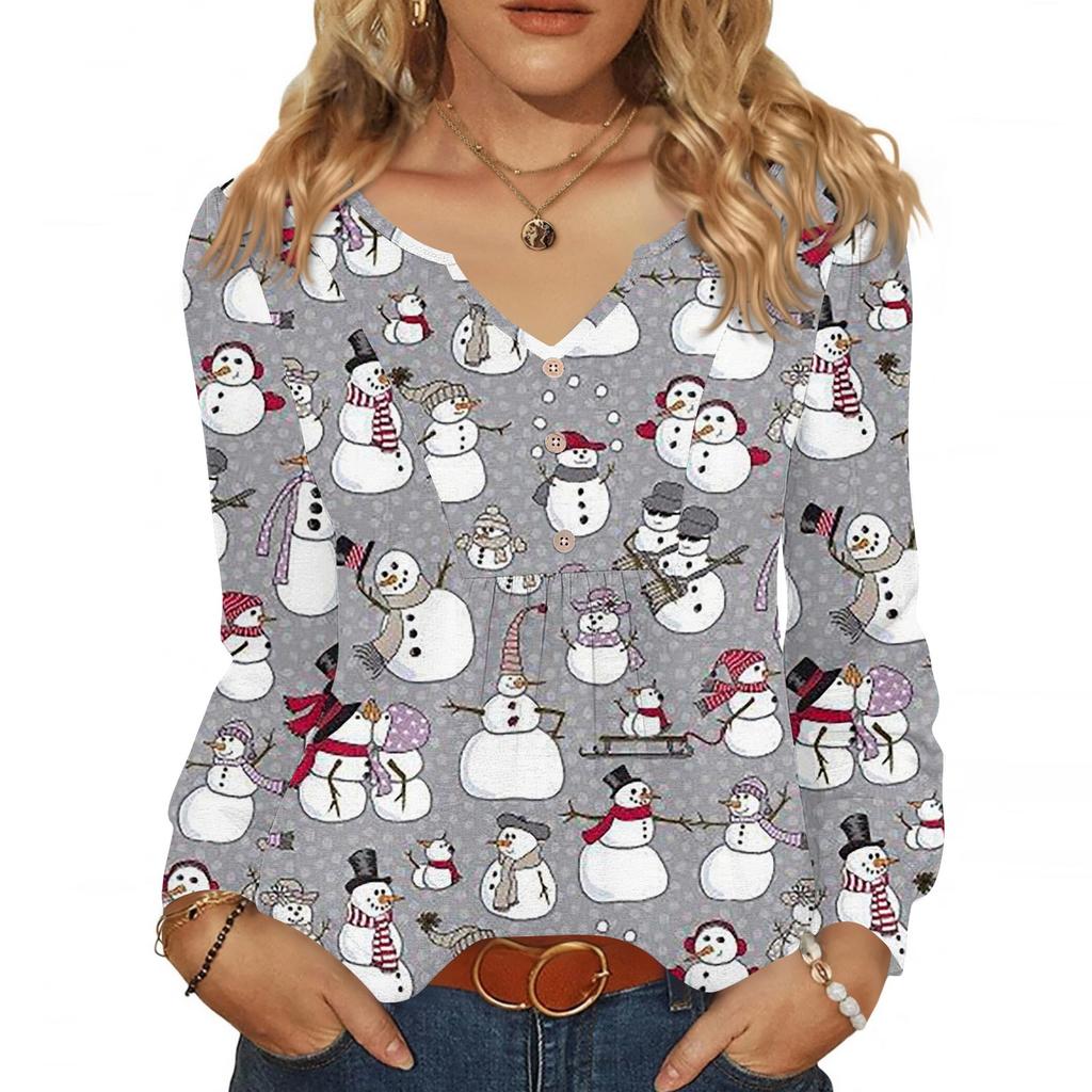 Dámská módní ležérní halenka s výstřihem do V, knoflíky, vánoční potisk, s dlouhým rukávem, pulovr, tričko, top