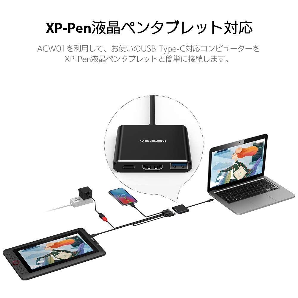 XPPen Multi-Function Adapter for Pen Tablets, USB Type-C to HDMI/USB 3.0/USB Type-C Adapter ACW01