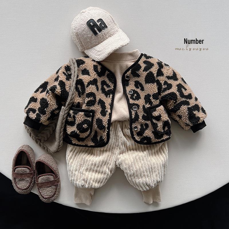 Elegante Cappotto di Peluche con Stampa Leopardo: Moda Bambini Giapponese e Coreana Spessa e Calda per Bambini e Bambine - Inverno 2025
