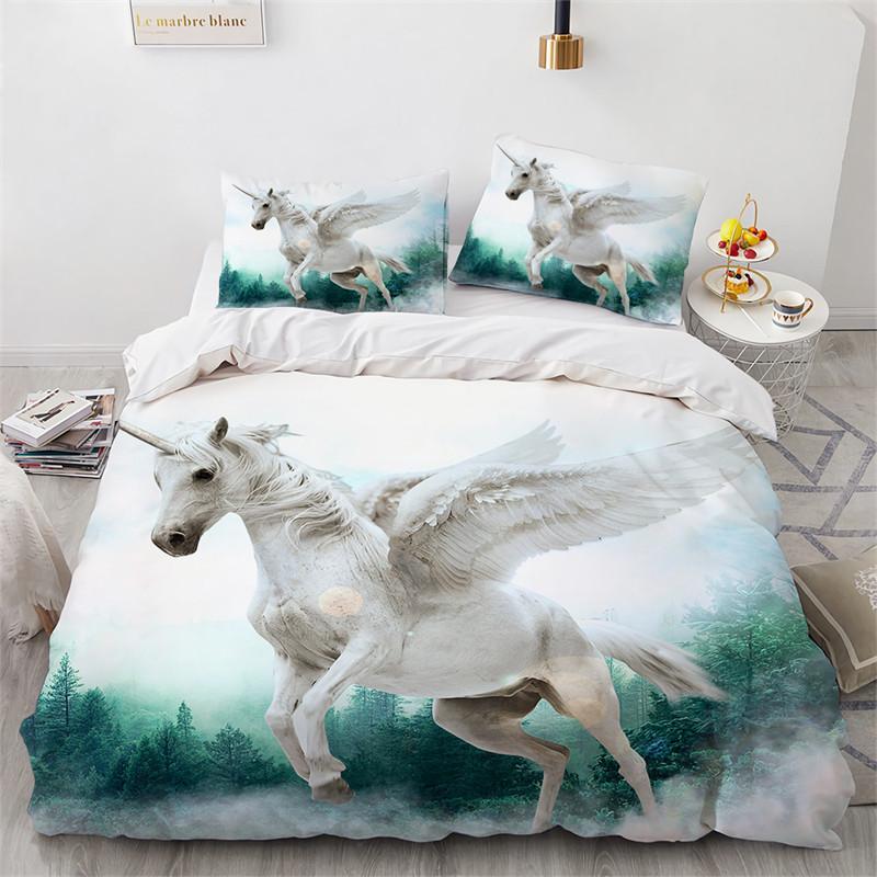 Cute Unicorn Duvet Cover Microfiber Forest White Unicorn Horse Comforter Cover Flying Horse Bedding Set King Full For Girls Teen
