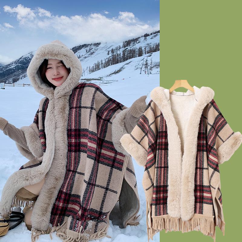 Tassel Thickened Fleece Plaid Shawl Cloak Retro Imitation Rex Rabbit Hair Collar Hooded Jacket Cloak