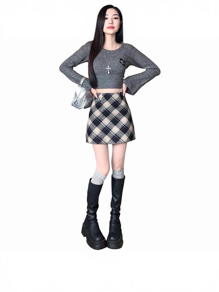 Women's High Waist Red Wool Plaid Skirt, 2025 A-line Slim Fit for Autumn/Winter