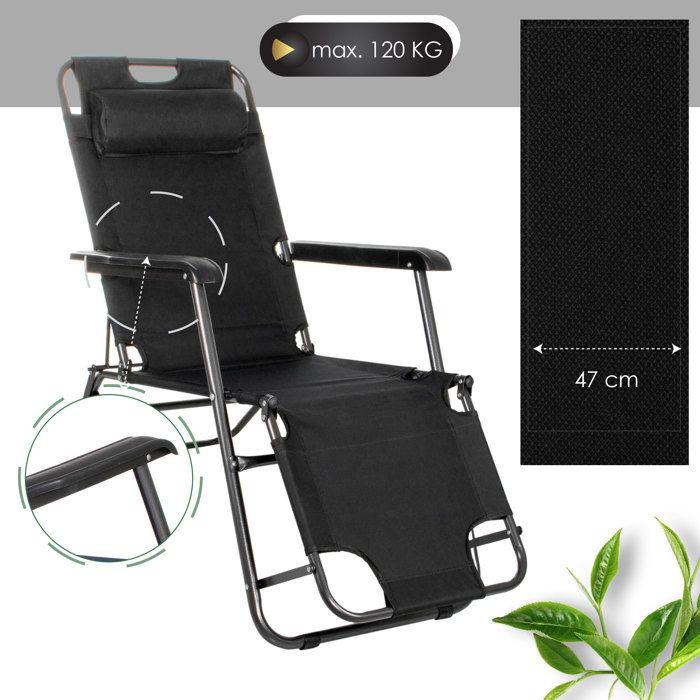 Transat de jardin - Springos® - Chaise longue pliante - Appui-tête - Accoudoirs - Noir