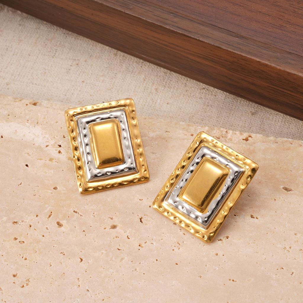 Gold and Silver Stainless Steel Ear Studs with Color Block Design