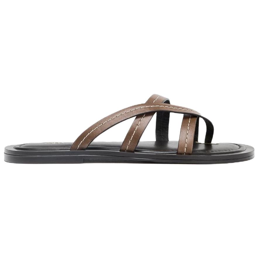 Zara Leather Criss Cross Flat Slides Brown Womens 2633510105
