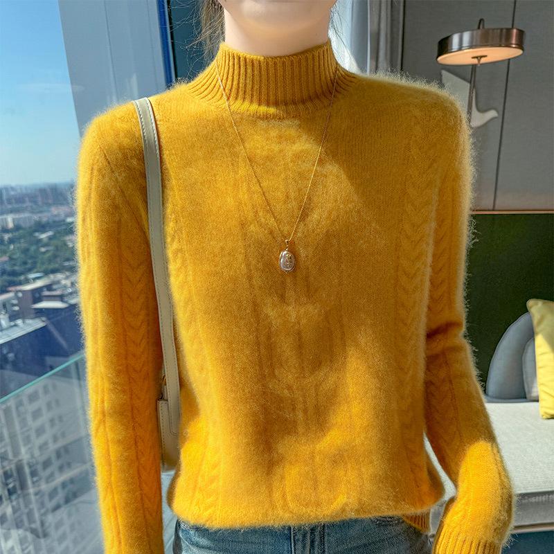 2024 Women's Autumn/Winter Wool Sweater - Solid Color, Thick Knit, Half-High Collar, Long Sleeve, Cable Knit Base Layer