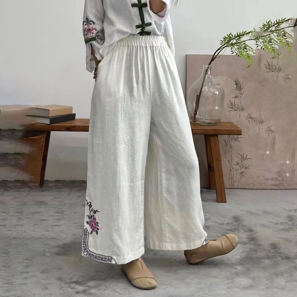 Krótkie spodnie letnie nowy styl haftowane szerokie nogawki proste nogawki literackie retro etniczne luźne wszechstronne wyszczuplające spodnie codzienne