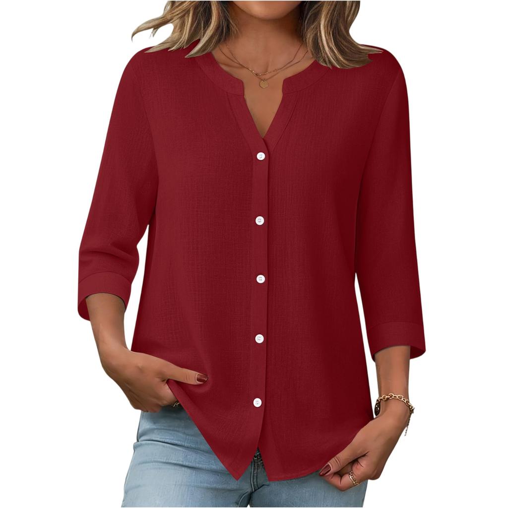 Womens V Neck Button Down Blouse Three Quarter Sleeve Loose Fit Casual Top for Daily Office Wear