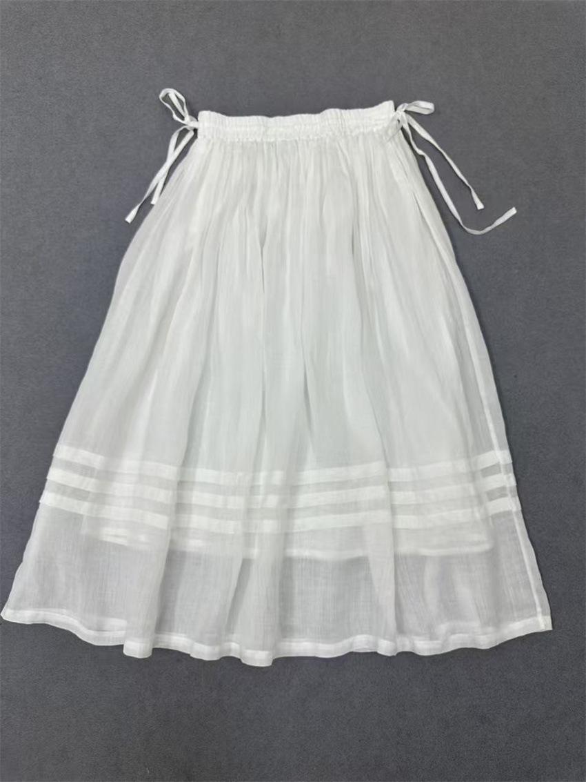 

Johnature Forest-style Half-length Skirt Spring Summer A-line Double-layer Vintage Elastic Waist Tie Skirts One Size білий