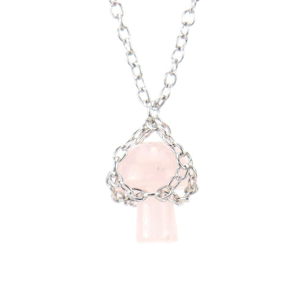 Handmade Silver Mesh Pocket Crystal Tiger Stone Agate Small Mushroom Pendant Necklace Jewelry N697