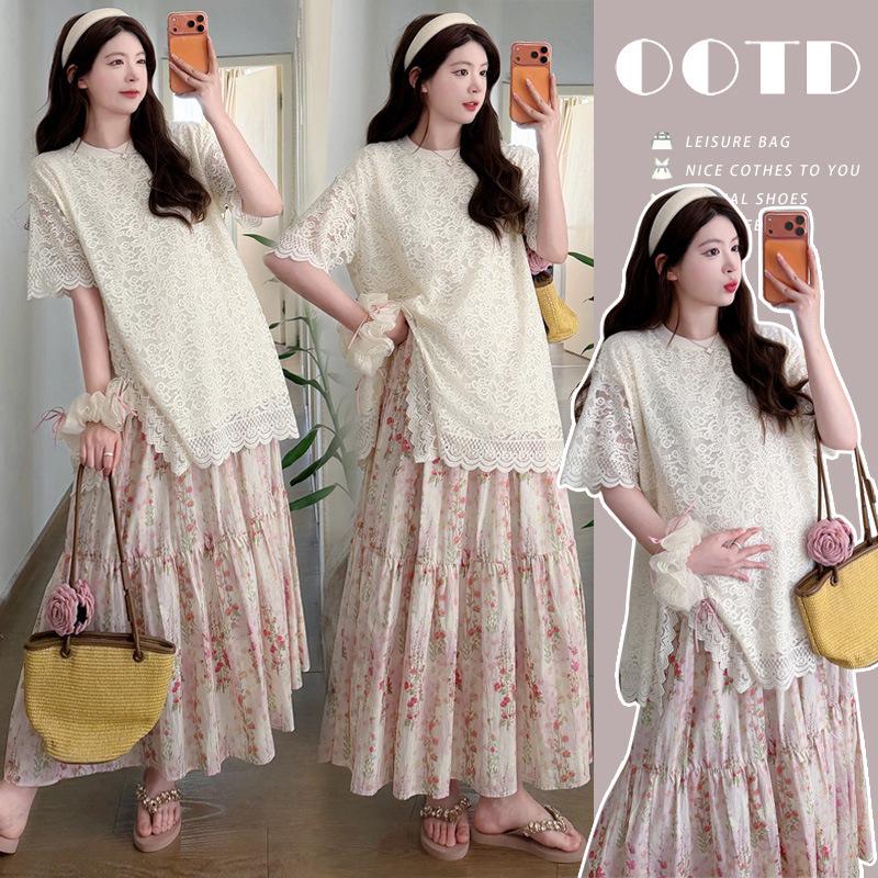2026 Summer French Maternity Two-Piece: Sweet Hollow-Out Top & Floral Skirt XL